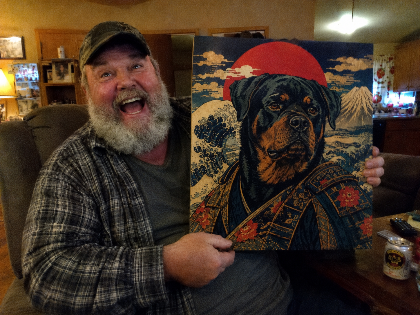 Happy customer with Woodblock portrait